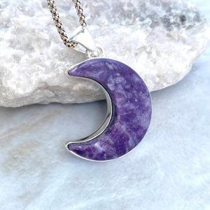 925 Sterling Silver CRESCENT MOON Natural Lepidolite Crystal Pendant Necklace